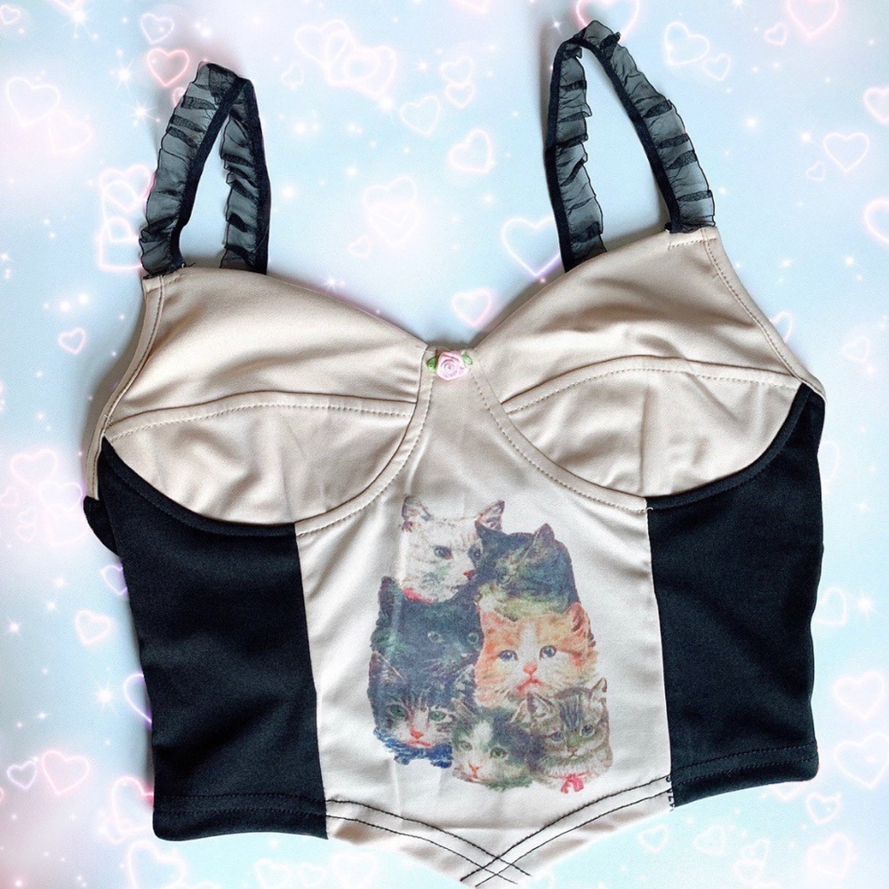 Dolls Kill Cat Bustier Cropped Top With Flowers
